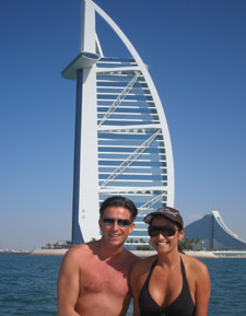 Susan and Stephen back at home in Dubai, United Arab Emirates recovering after tubal ligation reversal surgery at A Personal Choice. Pictured in the back ground is the world famous burj-al-arab hotel.